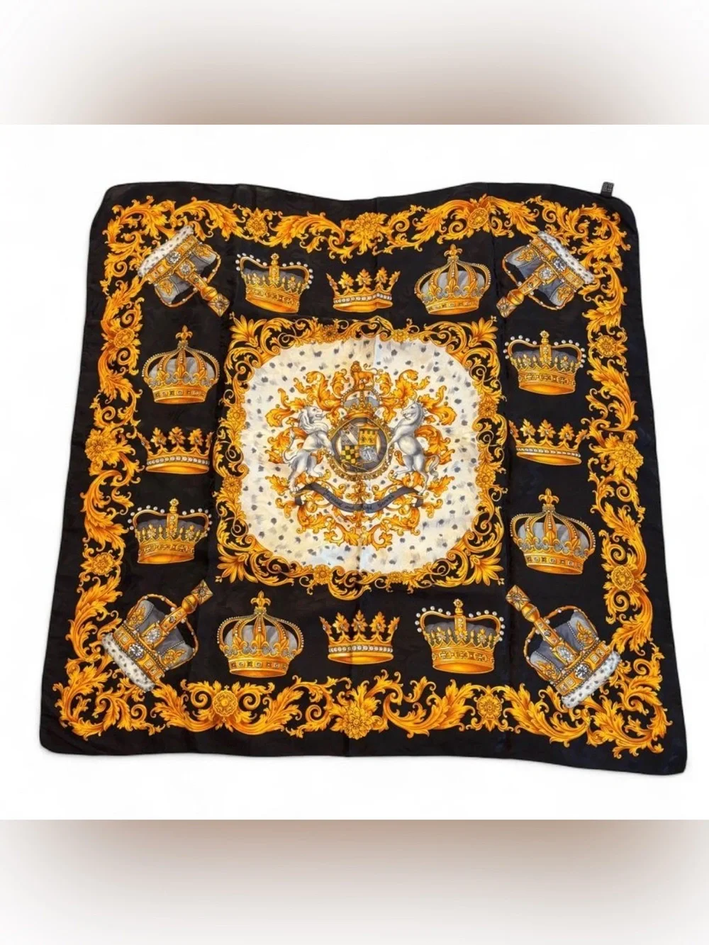 Vintage silk scarf with gold crowns and ornate scrollwork 33x33